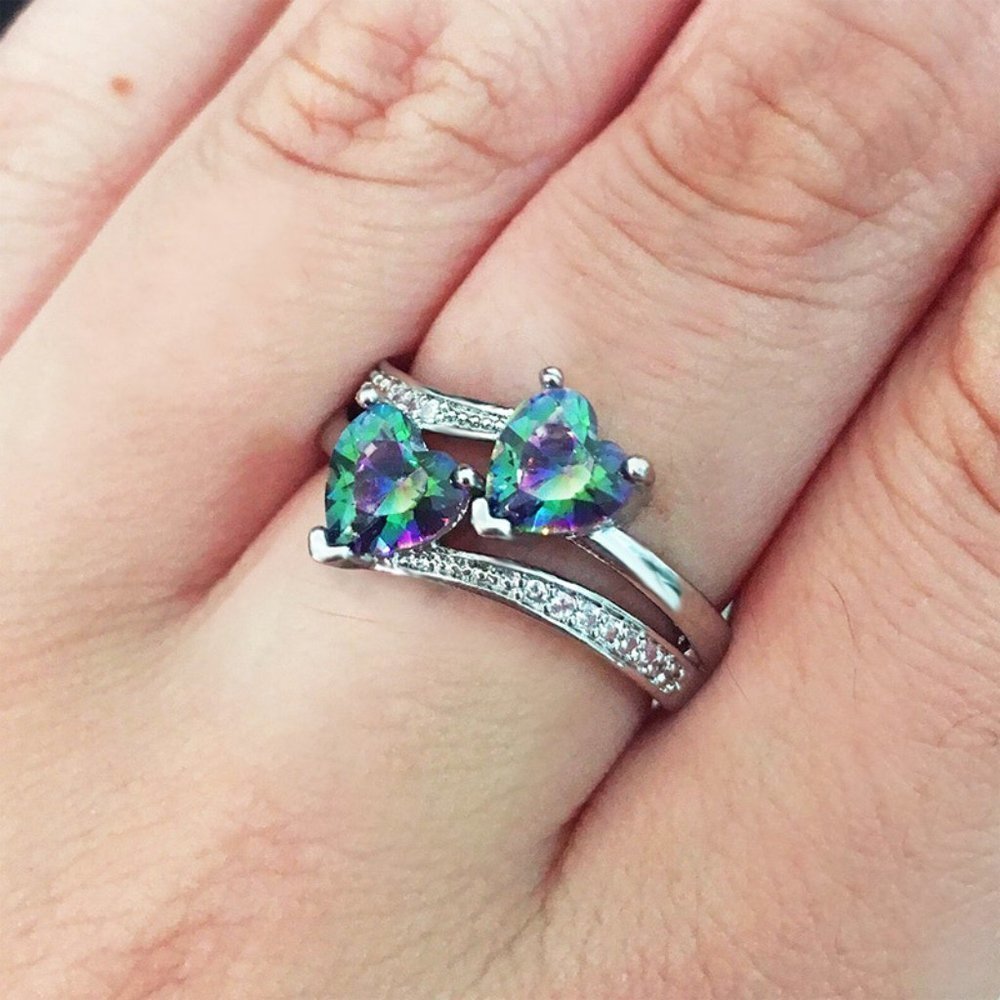 🍁925 Silver Plated Lovely Double Heart-Shaped CZ Ring, MLNN1192